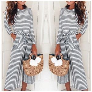 ✅Women Striped Jumpsuits Belted Wide Legged Romper